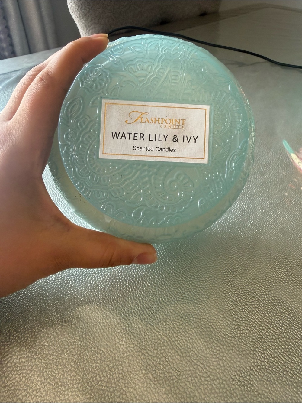 Flashpoint Water Lily & Ivy Scented Candle - Light Aqua Decorative Jar